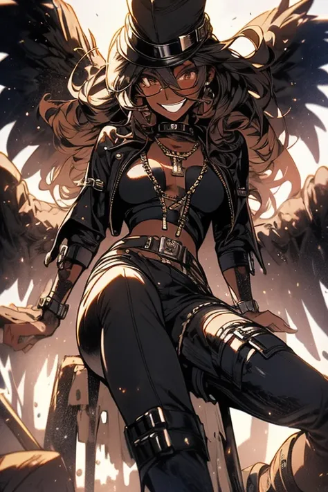 Black skinned woman,  very detailed face ,  takes full body,  abundant curly hair , Steampunk Style, boots, He wears cowboy weapons , smiling, rogue.  Detailed Steampunk Background, Some background explosion.