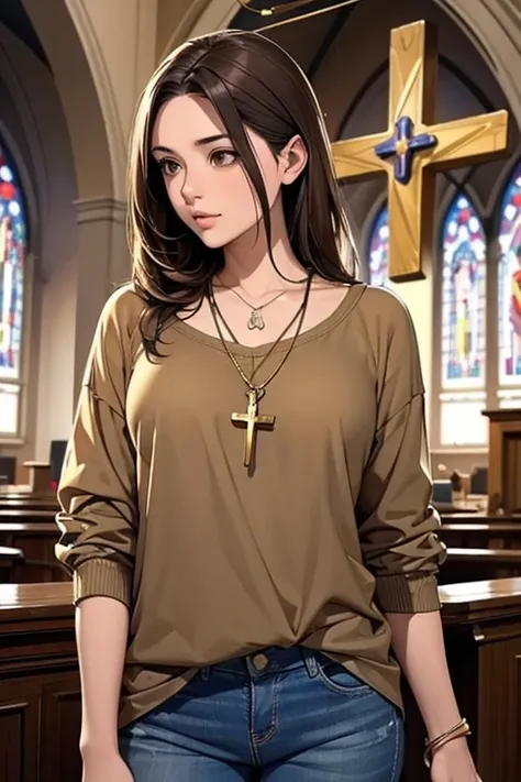 young christian woman ,  long natural brown hair ,  brown eyes , Lean body.  She is wearing casual clothes,  she wears a gold crucifix necklace.  Evangelical church scenario . Features of church . 