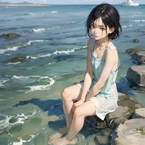 Silent Voyage Girl, In watercolor style, Photorealism, Subtle orange and mint hues, barefoot, Black Hair, A kind and thoughtful image