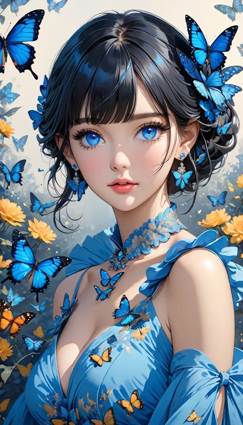 the close up of a girl wearing a blue dress and two butterflies on her shoulder, 1girl, solo, butterfly, breasts, dress, blue butterfly, bug, jewelry, hair ornament, blue dress, earrings, cleavage, blue eyes, looking at viewer, detached collar, black hair,...