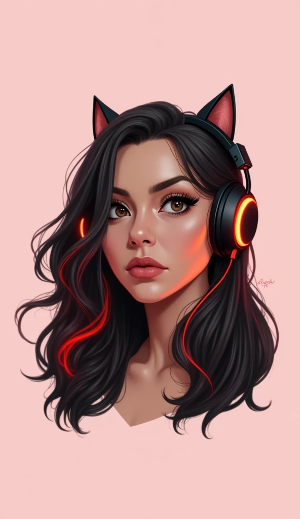 create a drawing, Closed-faced from Serious .  
 A woman with hair with red highlights and brown eyes and with headphones like cat ears is for a YouTube profile picture on the game channel.
be creative.