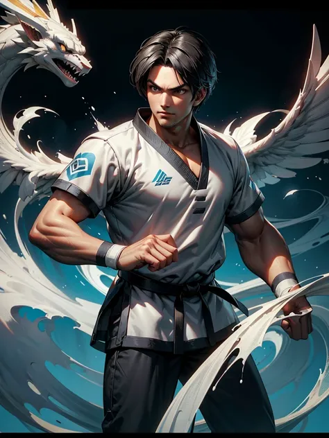 30-year-old man, alone, alone, athletic, video game character, The King of Fighters, Kim Kaphwan, wears a complete black belt taekwondo uniform, serious look, in a guard position, in the background a training dojo, cinematic, focus ultra sharp, award winni...