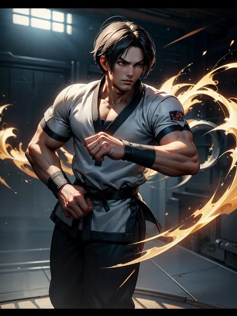 30-year-old man, alone, alone, athletic, video game character, The King of Fighters, Kim Kaphwan, wears a complete black belt taekwondo uniform, serious look, in a guard position, in the background a training dojo, cinematic, focus ultra sharp, award winni...