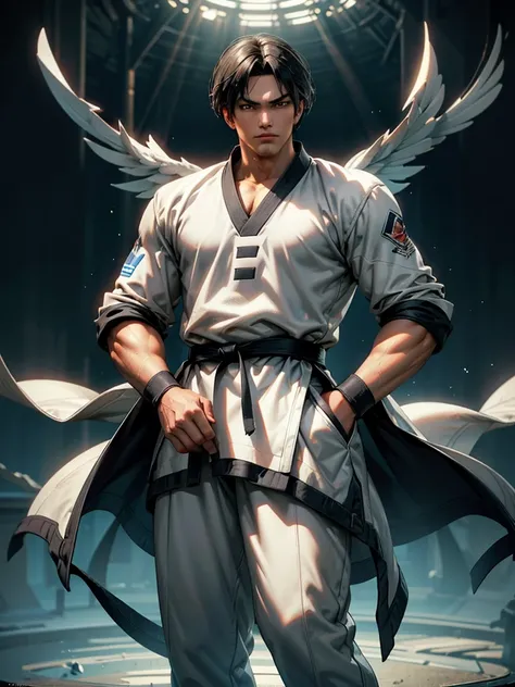 30-year-old man, alone, alone, athletic, video game character, The King of Fighters, Kim Kaphwan, wears a complete black belt taekwondo uniform, serious look, in a guard position, in the background a training dojo, cinematic, focus ultra sharp, award winni...