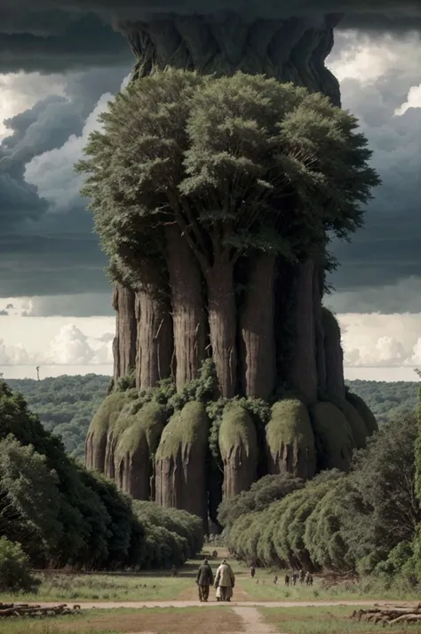 "Realistic depiction of ancient, towering giants walking among humans in a pre-flood landscape. The scene shows a dense, green forest with massive trees, and a distant view of a dark, cloudy sky hinting at an approaching storm. The giants have humanoid fea...