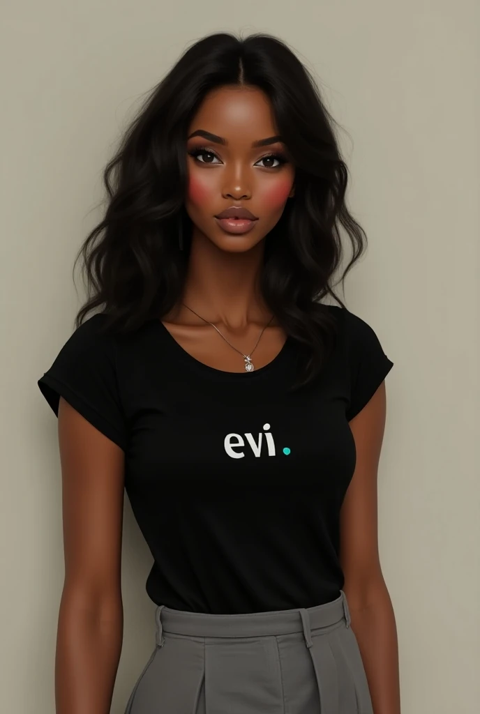 Une fille souriante et belle de taille moyenne 
de tête ovale, une belle figure,avec une forme moyenne et des beaux levres et des yeux fine  portant un t-shirt noir sur le quel on a ecrit "evi" et une jupe grise avcc un teint chocolat un peu sombre 