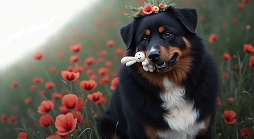 Rottweiler croisé bouvier bernois plastron blanc , with flower crown  , avec un doudou lapin dans un champ de coquelicots 