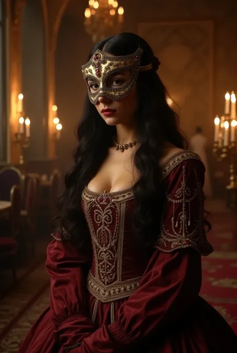  A 15th century woman at a costume party. The woman has long, wavy dark hair . Put her on with a mask 