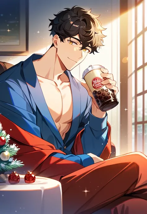 1boy, male focus, solo, handsome male, short hair, black hair, curly hair, muscular, closed smile, yellow eyes, perfect eyes, perfect anatomy, perfect proportions, house, winter sky, christmas, beautiful house, inside house, shirtless, opened jacket, holid...