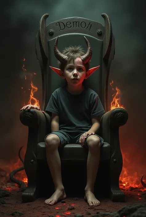 un petit garçon avec un double face un part demon l’autre humain avec des selles noires assis sur une chaise dan l’enfer avec le nom demon graver au dessus de son chaise 