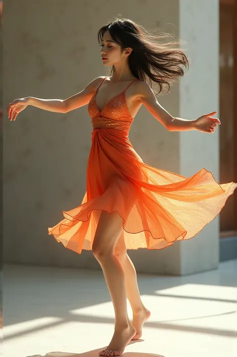 Japanese woman in a short dress dancing 