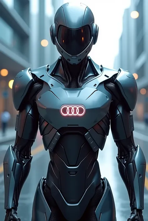 "Create an image of a futuristic cyborg designed by Audi. The cyborg has a sleek, modern appearance with metallic and carbon fiber elements reminiscent of Audis design aesthetic. Its body is streamlined, with sharp lines and a high-tech, automotive-inspire...