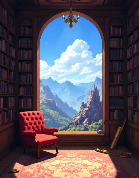 concept art anime semi-realistic, RTX, glitch art effect Black shiny, splash art, Create an image of a cozy indoor library with abundant natural lighting. There should be a large arched window offering breathtaking views of mountainous landscapes and a cas...