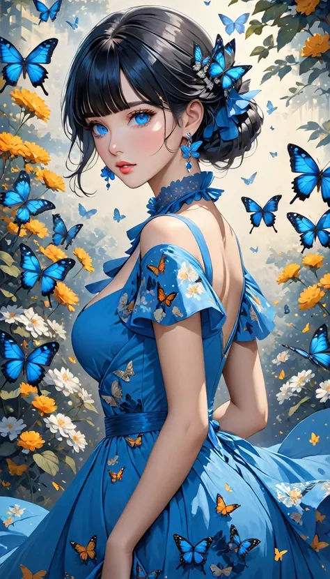 a very hot looking woman dressed in a blue dress with butterflies on her, 1girl, solo, butterfly, breasts, dress, blue butterfly, bug, jewelry, hair ornament, blue dress, earrings, cleavage, blue eyes, looking at viewer, detached collar, black hair, collar...