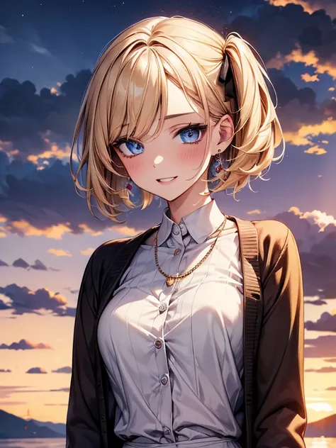  Absurd,  ultra-detailed,  bright color ,  very beautifully detailed animated faces and eyes , It is in front of the face and body from the right side of  , ;d, Sparkling_skin,Age 25,  short hair, ,  asymmetrical bang,  short blond hair twin tails ,  shiny...