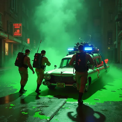 8k,  best quality , masterpiece, Ultra-High-Resolution, (Realism: 1.4), Original image, Exactly,  super detailed,  Ghostbusters mit slime im Hintergrund ihr Auto Ecto-1