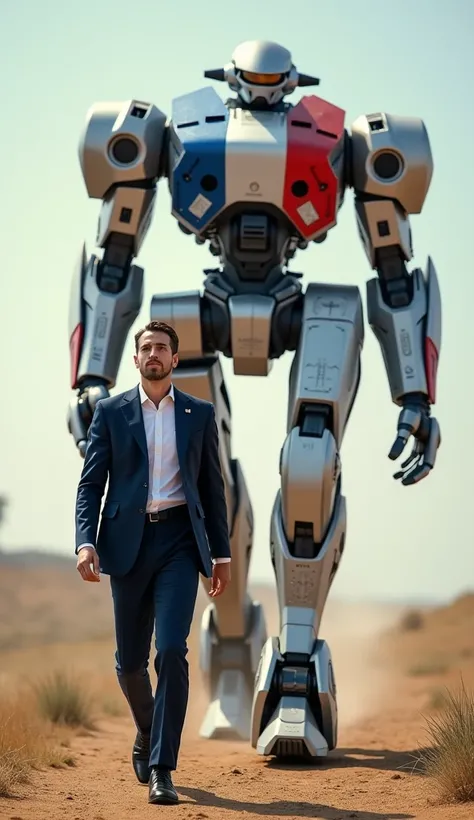 Soldier from France marching with a giant blue, white, and red robot as a companion, following closely behind.