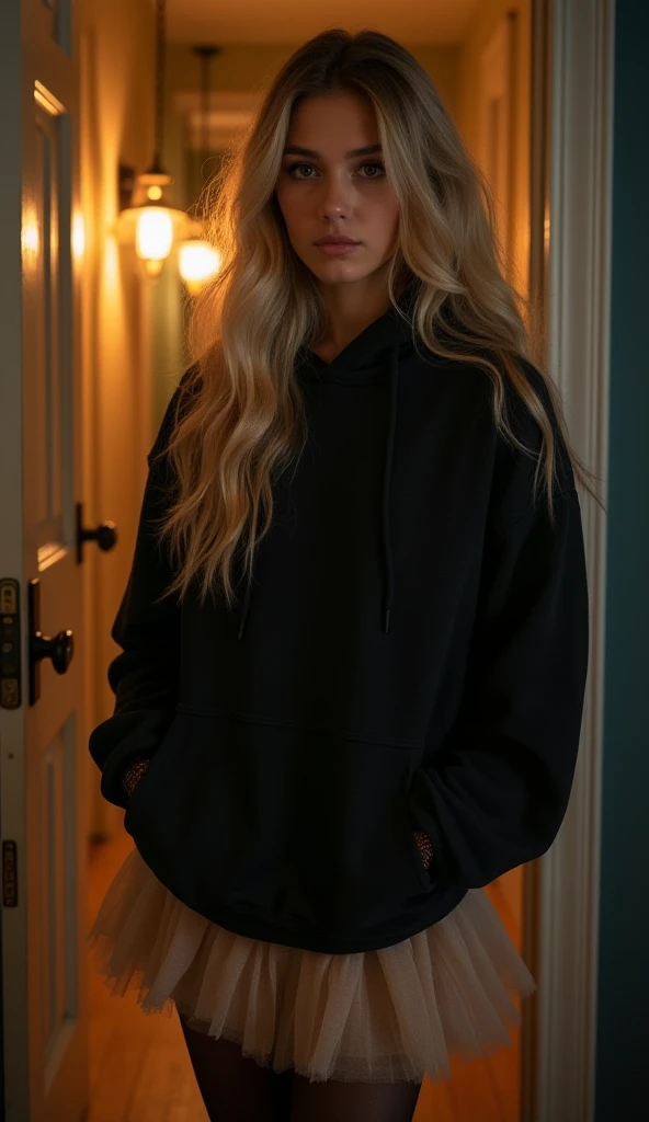 Serious Woman with long blonde beach waves hair,brown detailed eyes,in a black hoodie,short beige chiffon skirt, black sheer tights,beige boots, knocks on my front door,open door,waiting there for me,golden lights,in the night, extreme details,8k,whole bod...