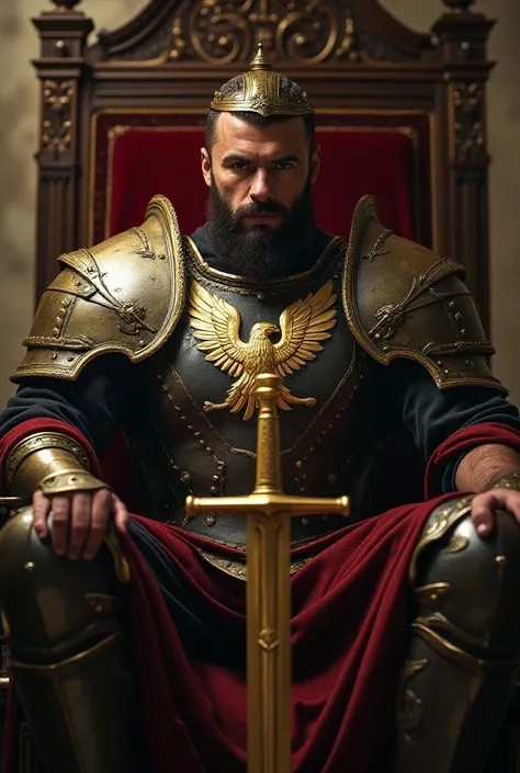  Create an image of a man, king, LEADER, fighter,  winning countless battles ,  with armor with the symbol of an eagle full of scars with a golden sword  , with a shell on the golden head ,  sitting on a throne  ,  in front wounded sword scars on the big c...