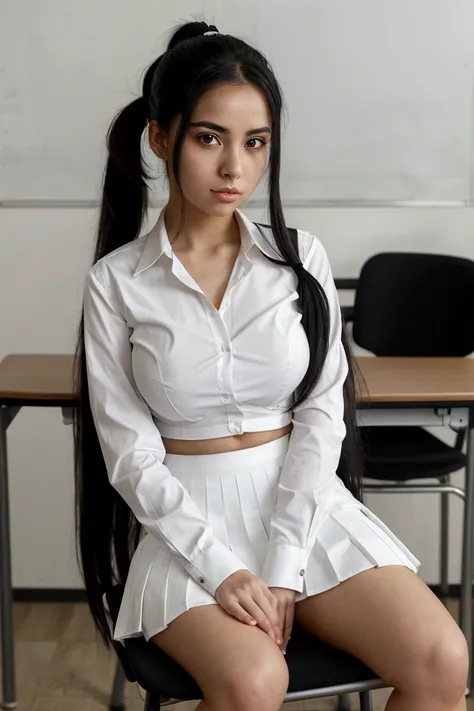  Beautiful Latin girl with white skin with tender features and long straight black hair with a ponytail hairstyle wearing a white button-down blouse with perfect breasts wearing a black short school miniskirt wearing white socks and school shoes,   seducti...