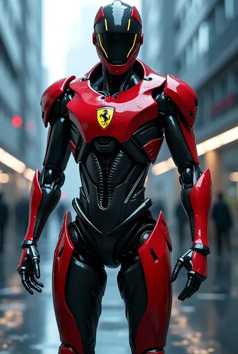 "Create an image of a futuristic cyborg designed by Ferrari. The cyborg has a sleek, modern appearance with red, metallic and carbon fiber elements reminiscent of Ferraris design aesthetic. Its body is streamlined, with sharp lines and a high-tech, automot...