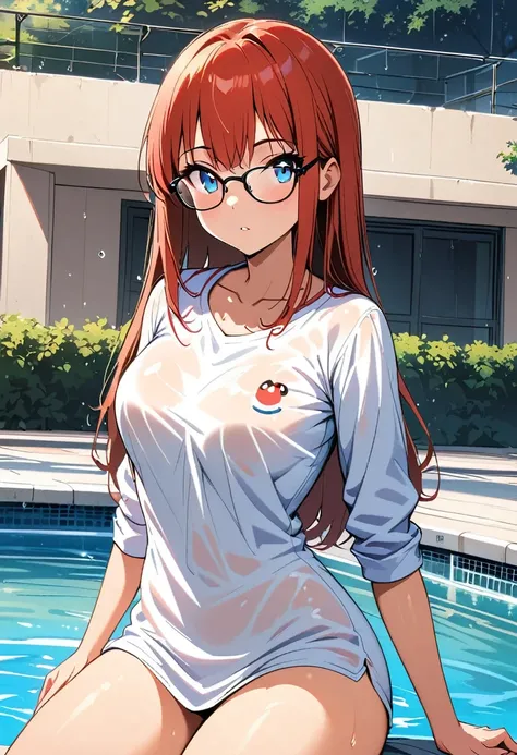  anime girl with red hair and glasses posing naked in the rain, top rated on Pixiv, seductive  anime girl, Asuka, at Pixiv, ( anime girl), [  4K DIGITAL ART ]!!, Pixiv 3dcg, Pixiv, Asuka suit under clothes!, Also,  beautiful detailed anime art ,   anime mo...