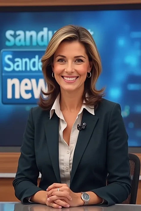 Italian Prime Minister Giorgia Meloni happy,  sitting in a television studio and in the background lost a sign that says: SANDUBER NEWS 