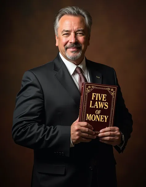 Create an image in a 4:5 format similar to a YouTube thumbnail featuring an authoritative figure holding a book labeled 5 Laws of Money with the title in bold text on the right side: The Five Laws of Money. Use an impactful and classic design with deep col...