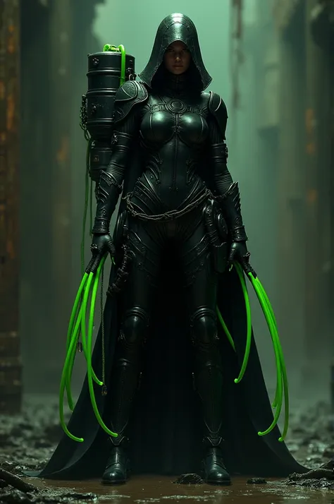 A black woman wearing black armor with green tubes that go from her hands to her back and are attached to a barrel with a toxic adhesive she has the power to stink she is also a thief so she covers her face 