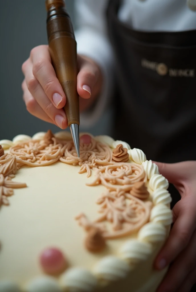 Cake being Decorated :  Close image of the pastry chefs hands carefully decorating a cake,  showing her whim and dedication .