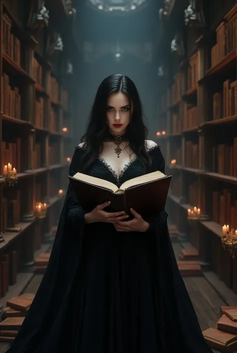 Noble femal vampire reading a book in a dark fantasy library