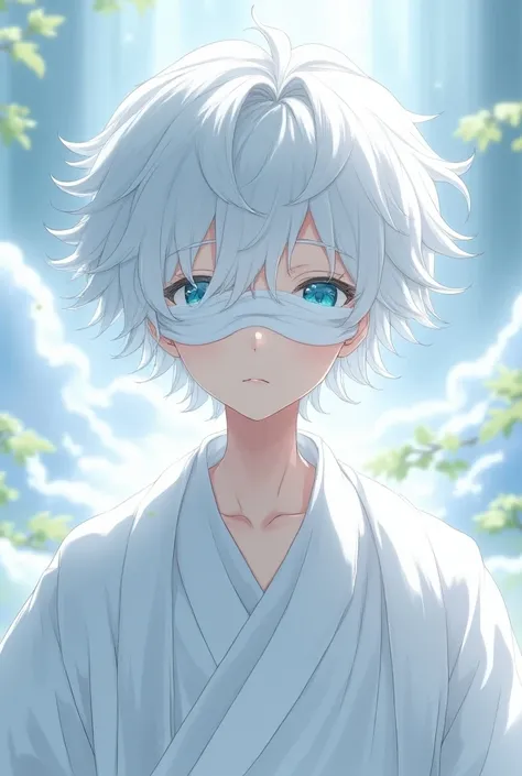  Young male with wavy white hair, blue eyes in white kimono ,anime,Gojo Satoru blindfold