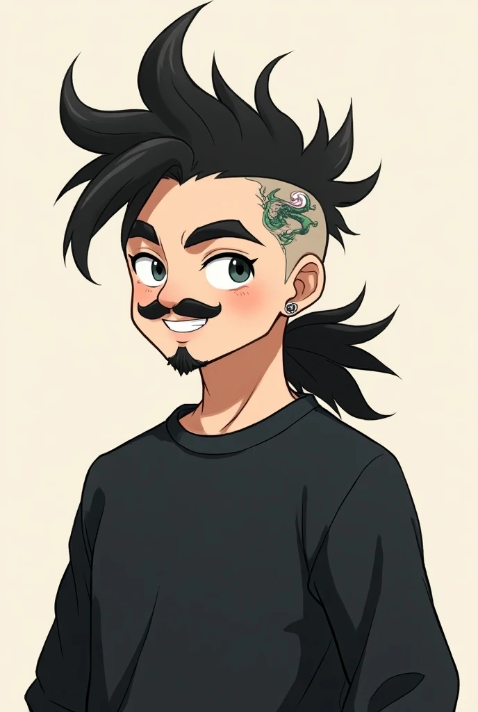  Slim boy with mustache and goatee ,  with ponytail and shaved hair on the sides with a tattoo of a dragon on his head ,  with wide black sweatshirt , smiling, with an earring , anime style 