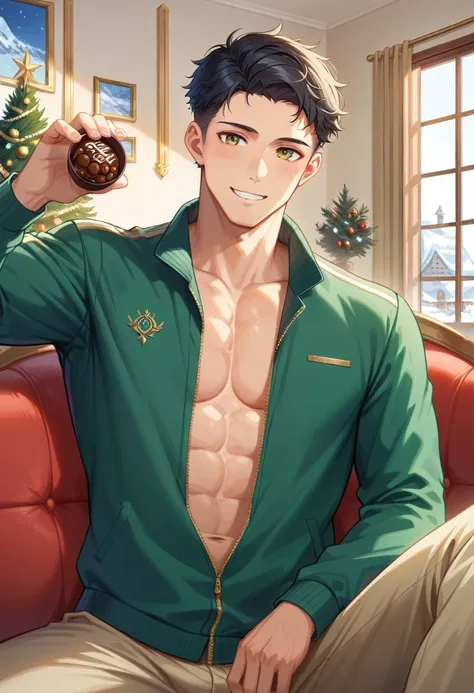 1boy, male focus, solo, handsome male, short hair, black hair, curly hair, muscular, closed smile, yellow eyes, perfect eyes, perfect anatomy, perfect proportions, house, winter sky, christmas, beautiful house, inside house, shirtless, opened jacket, holid...