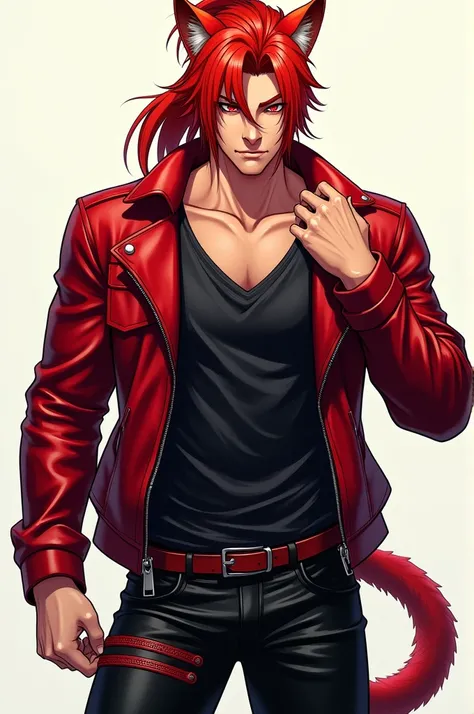  FULL BODY IMAGE ,  manga style ,  Where there is a handsome man  ,  half human and half feline male ,   with long red hair tied in a ponytail  , crimson eyes, Tall and strong ,   seductive face and confident smile  ,   wearing a black screen shirt  ,  wit...