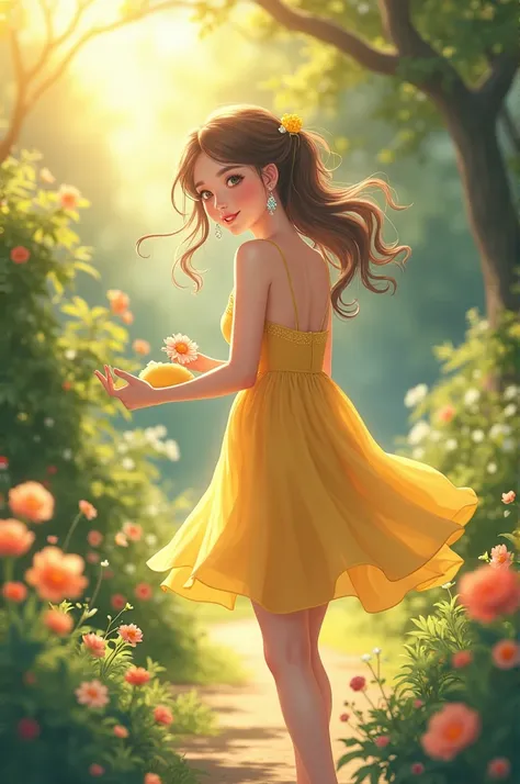 masterpiece,  The best quality, 1 girl, Alone, collect, tire, , earrings, Chest Jewel, (Yellow sun dress:1.3), garden, From behind, ass,  looking at the spectator, smile, blush, thighs, beautiful, fancy, picturesque, sunbeam, Sunlight