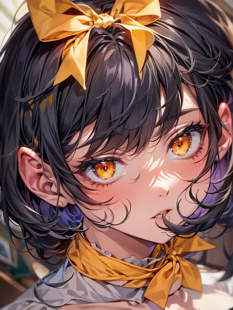 masterpiece, Best Quality,  perfect face,  highest resolution, Best Quality,Detailed depiction of eyes ,  1 girl, young,  white skin, slate black hair,  short hair, Upturned eyes, yellow orange eyes, perfect anatomy,  Ribbon Choker , metropolis, 8k