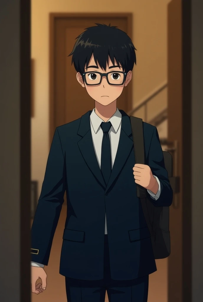 Man without beard, black hair and glasses, Dressed in formal school attire about to leave home