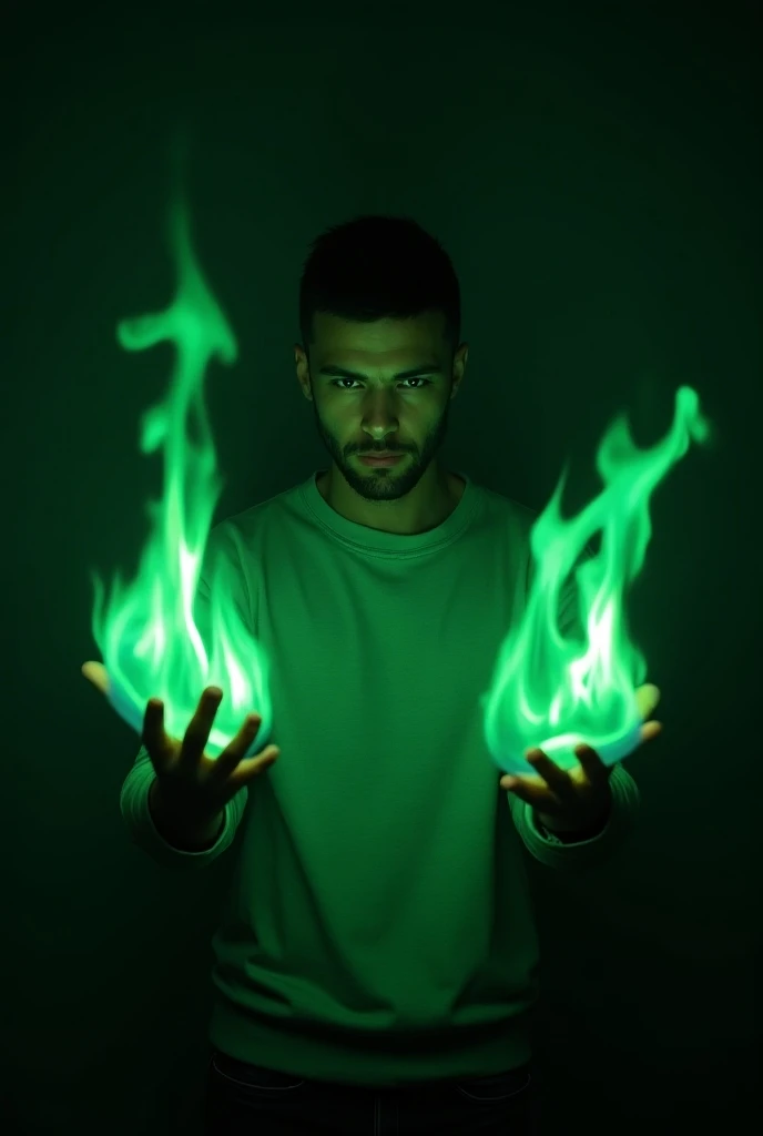 A man in a sweatshirt with green burning hands