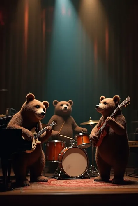  Three bears and playing the piano, jazz guitar and drums 
