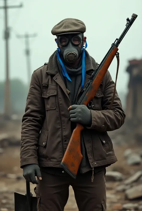 Make a man in an old gas mask filled with blue ribbons with a post-apocalyptic theme make him with a torn improvised leather jacket with a cap on his head and do him with a rifle in his hands and do him with a shovel in his back 