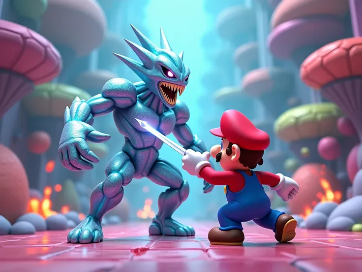 3d style, diamondhead of ben 10 fighting with mario bros
