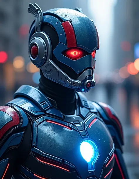 Ant-Man in a close-up shot 、 wears an advanced futuristic crystal suit in Iron Man blue and glossy 