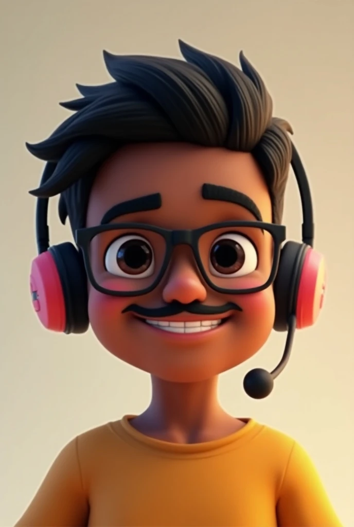  Create an animated YouTube profile image of a dark-skinned boy, Who has a mustache ,short black hair, smiling, and with a headset on his head and wearing glasses .