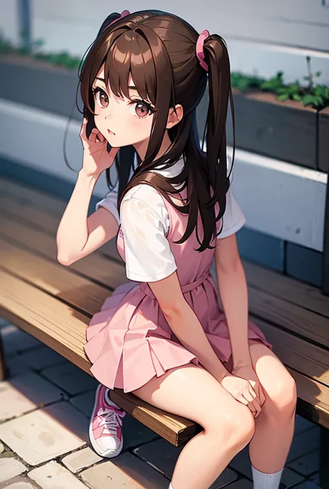 a girl,  brown hair brown eyes, pink microdress , thighs. white tennis shoes, sitting on a bench