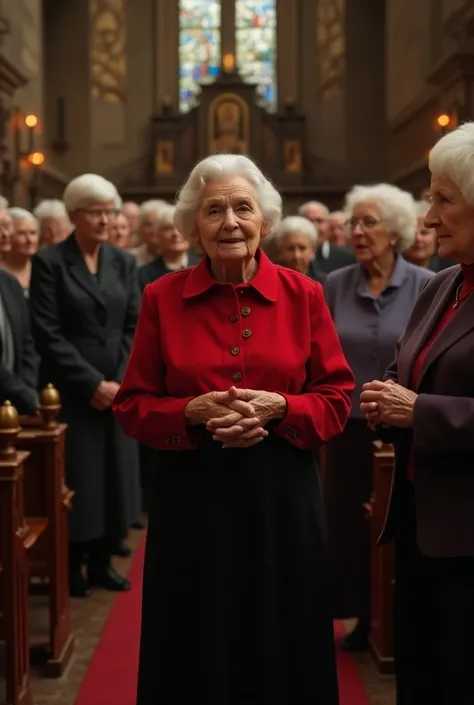 An old woman in a tight black skirt and a red shirt inside a church with other old women talking 