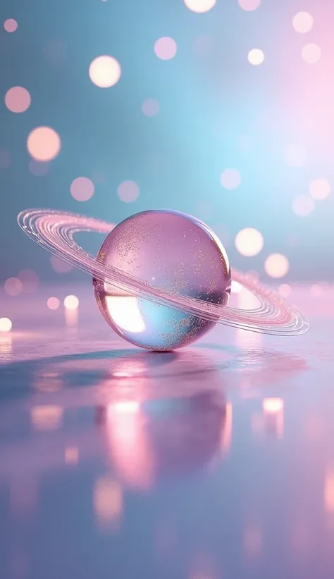 A shimmering, glass-like Saturn with glittering rings, floating on a reflective, pastel-hued surface. Soft bokeh lights surround the scene, adding a magical and ethereal quality to the delicate, otherworldly atmosphere. The colors are a blend of gentle blu...