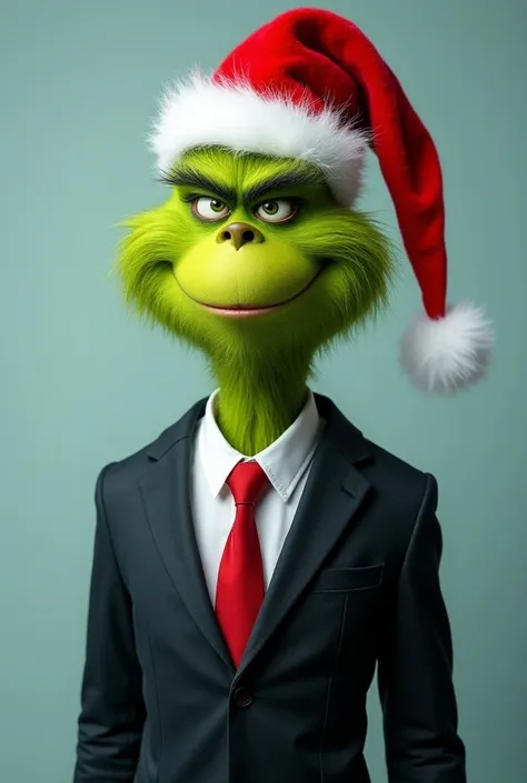 Dr Seusss The Grinch in real life very realistic 4K taken with a high resolution Canon camera. He is in a professional business headshot photo used for his business card and social media profile. Very professional and in a suit  and a Santa Claus hat. 