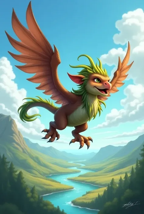 Create an image of a fantastical hybrid creature called the "Goblin Gryphon," which combines the playful features of a goblin with the noble traits of a gryphon. The Goblin Gryphon has a stout, agile body covered in soft feathers that transition from earth...