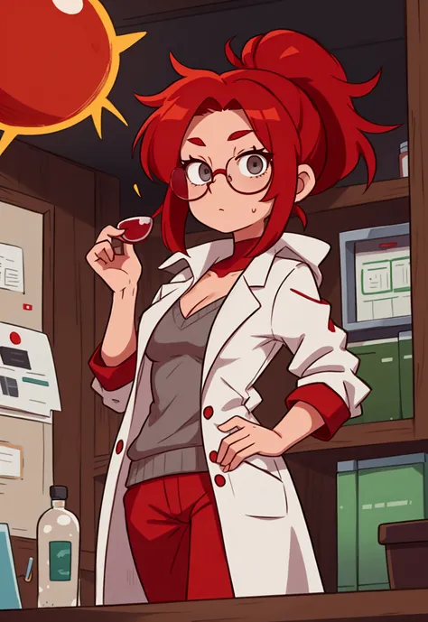 young woman,shaggy red hair up to the shoulders, with grey eyes,round white glasses ,  and shoulder length red shaggy hair in a lab coat ,, calm face.